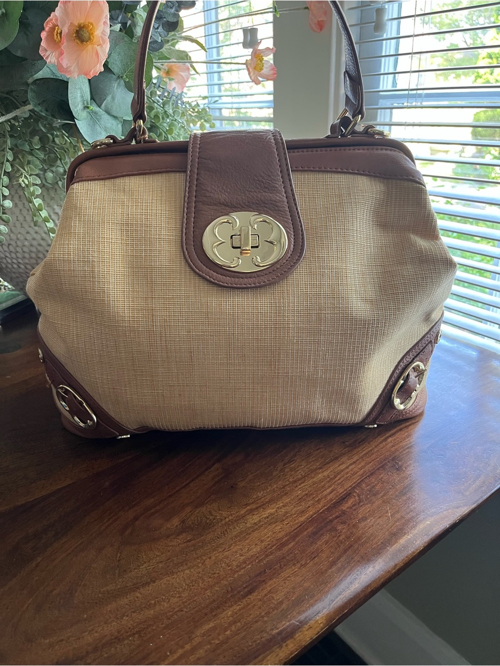 Emma Fox Newport Natural Woven Frame Satchel | Cognac Leather Trim